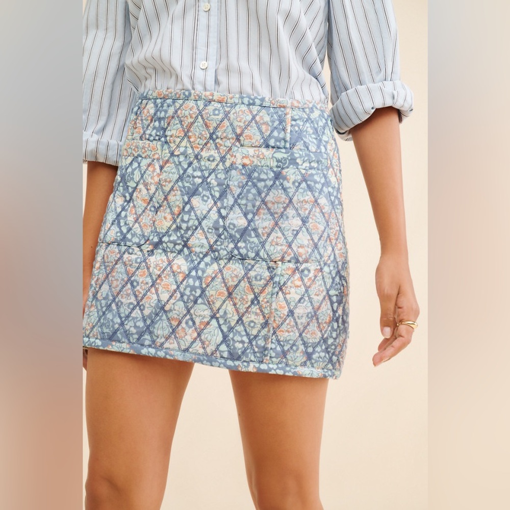 NWT FREE PEOPLE Darla Floral-Print Quilted Mini Skirt, Blue Husky Tapestry, 8